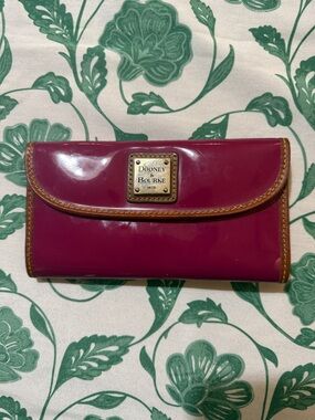 Dooney & Bourke Patent Burgundy Trifold Wallet with Contrast Trim
